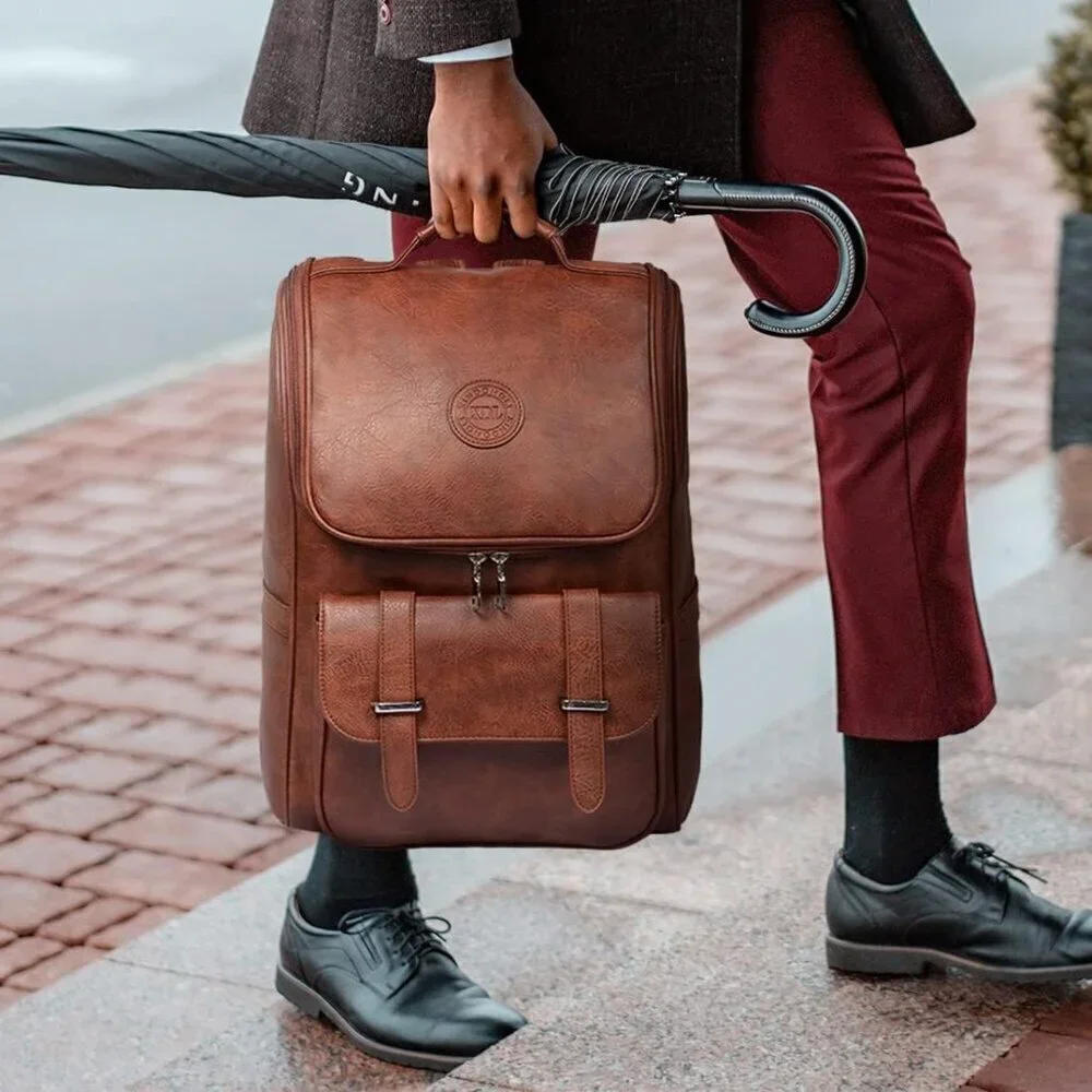✨Brown Faux Leather Backpack Slim Laptop Travel Pack Waterproof Daypack Bag